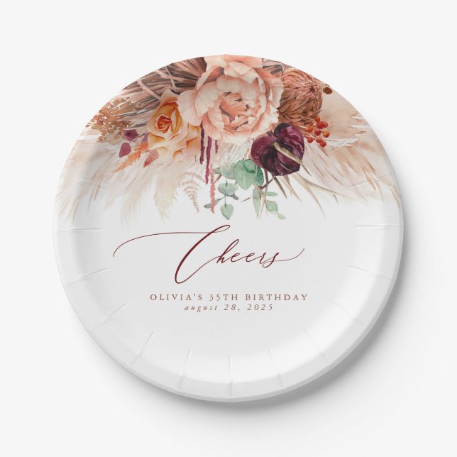 Pampas Grass Terracotta Flowers Cheers Tropical Paper Plate (Front)
