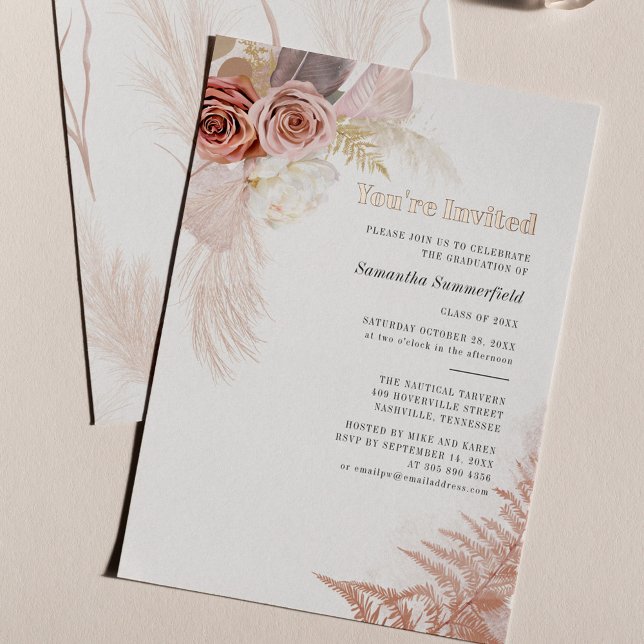 Pampas Grass Terracotta Graduation 2025 Rose Gold (Pampas Grass Floral Graduation 2024 Party Invitation)