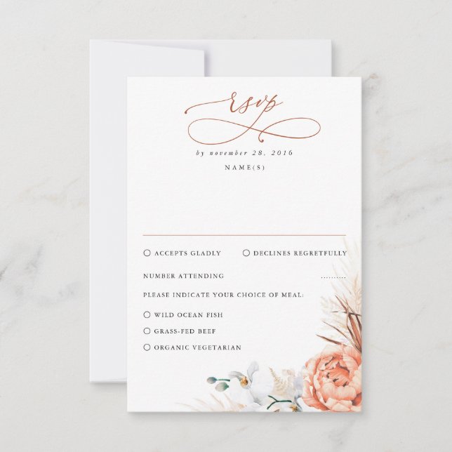 Pampas Grass Terracotta Orange Floral Wedding RSVP (Devant)