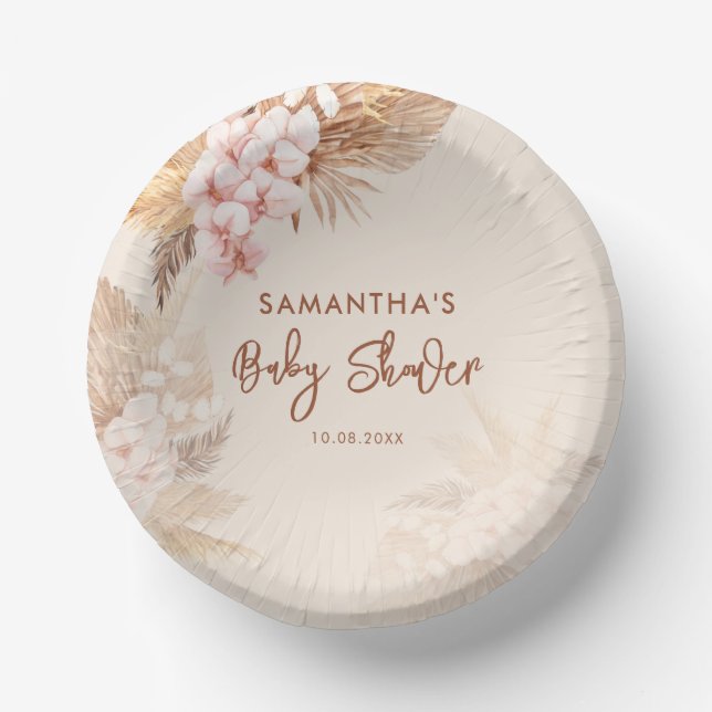 Pampas Grass Terracotta Pink Floral Baby Shower Paper Plate (Front)
