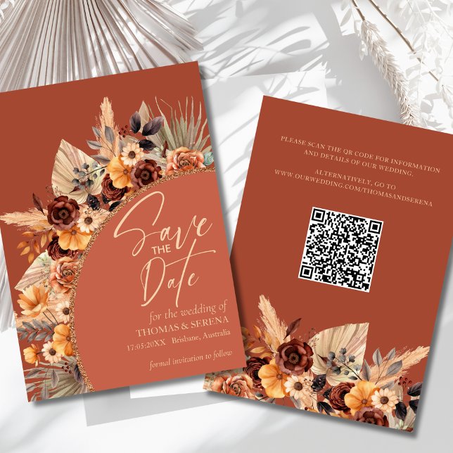Pampas Grass Terracotta QR Code Save The Date Fall Invitation (Creator Uploaded)