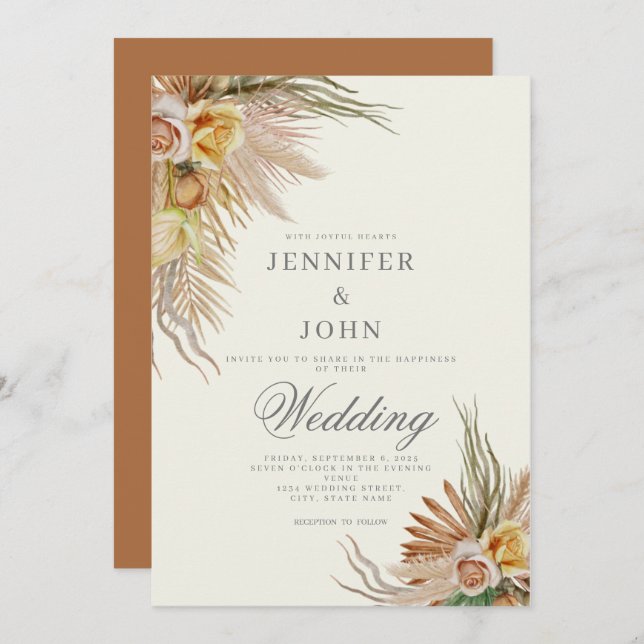 Pampas Grass Terracotta Roses Floral Wedding  Invitation (Front/Back)