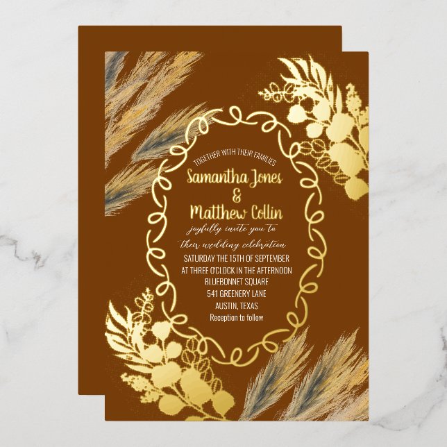 Pampas Grass Terracotta Rust Gold Foil Wedding (Front/Back)