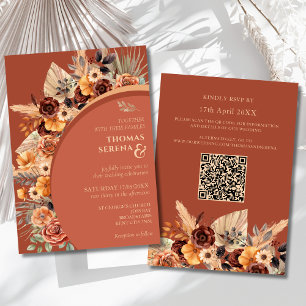 Pampas Grass Terracotta Rustic QR Code Wedding  Invitation