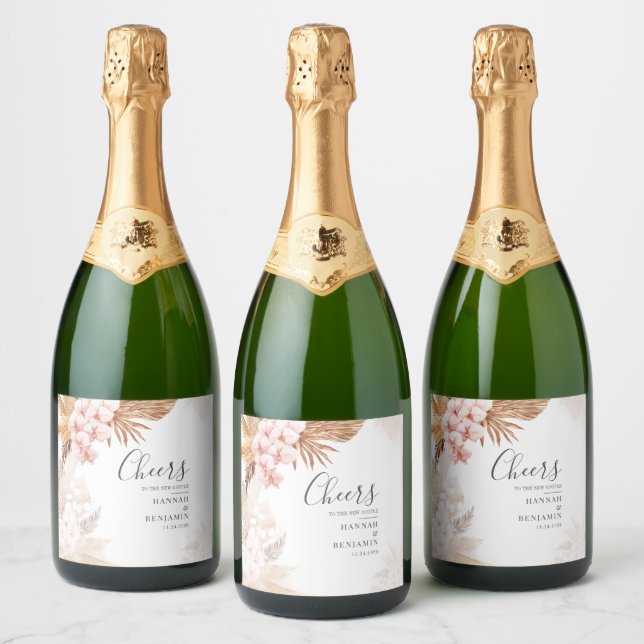 Pampas Grass Terracotta Rustic Wedding Sparkling Wine Label (Bottles)