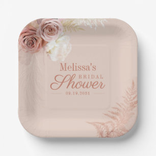 Pampas Grass Terracotta Script Blush Bridal Shower Paper Plate