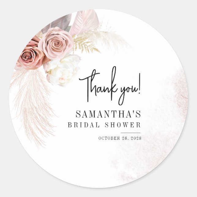 Pampas Grass Terracotta Script Bridal Shower Classic Round Sticker (Front)