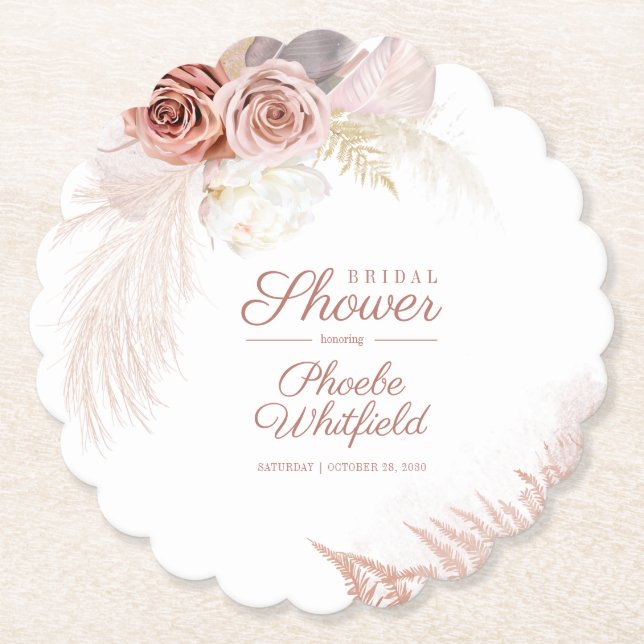 Pampas Grass Terracotta Tan Bridal Shower Paper Coaster (Front)