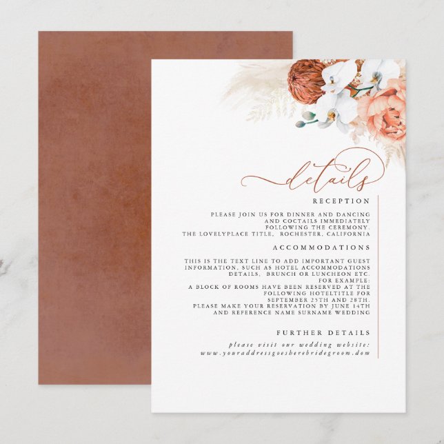 Pampas Grass Terracotta Wedding Details Enclosure  (Front/Back)