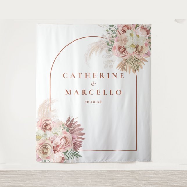 Pampas Grass Terracotta Wedding Photo Backdrop Tapestry (Front)