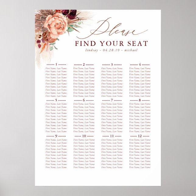 Pampas Grass Terracotta Wedding Seating Chart (Front)