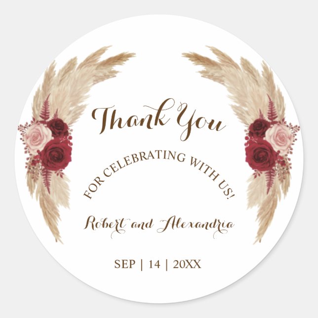 Pampas Grass Thank You for Coming Wedding  Classic Round Sticker (Front)