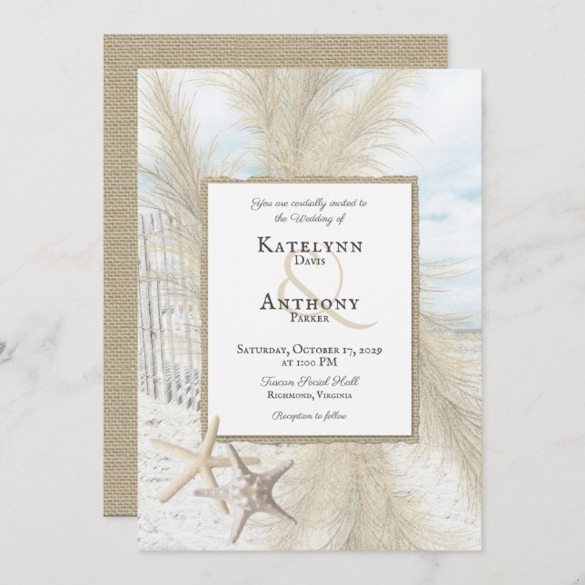 Pampas Grass Vintage Beach Wedding Invitation (Front/Back)