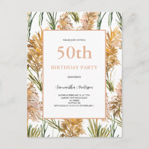 Pampas Grass Watercolor 50th Birthday  Invitation Postcard