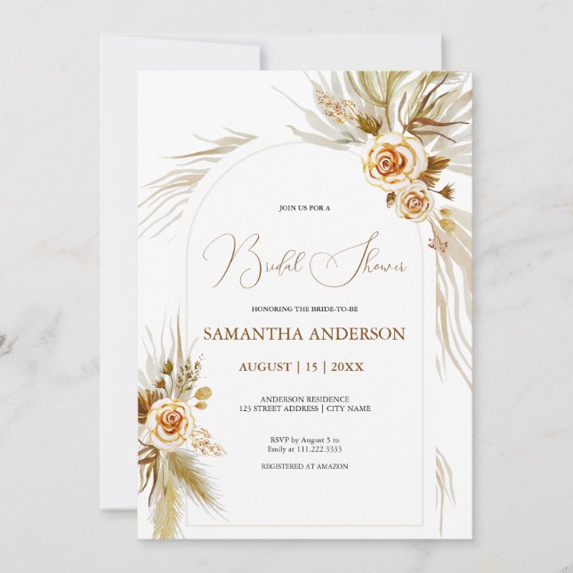 Pampas grass watercolor boho elegant Bridal Shower Invitation (Front)