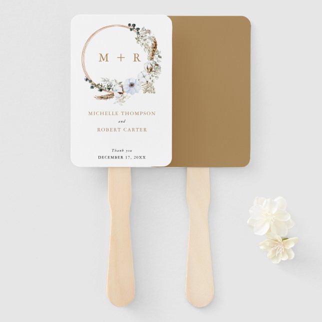 Pampas Grass Wedding Boho Terracotta Monogram Chic Hand Fan (Front and Back)