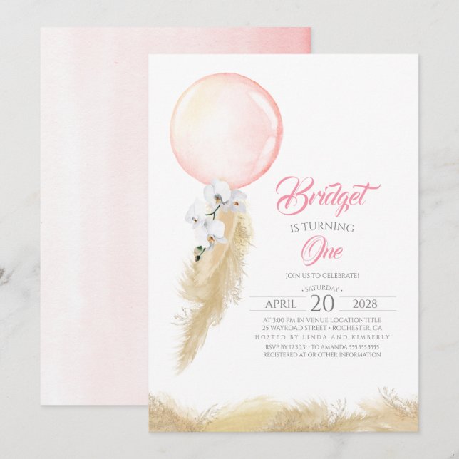 Pampas Grass White Orchids Balloon Exotic Birthday Invitation (Front/Back)