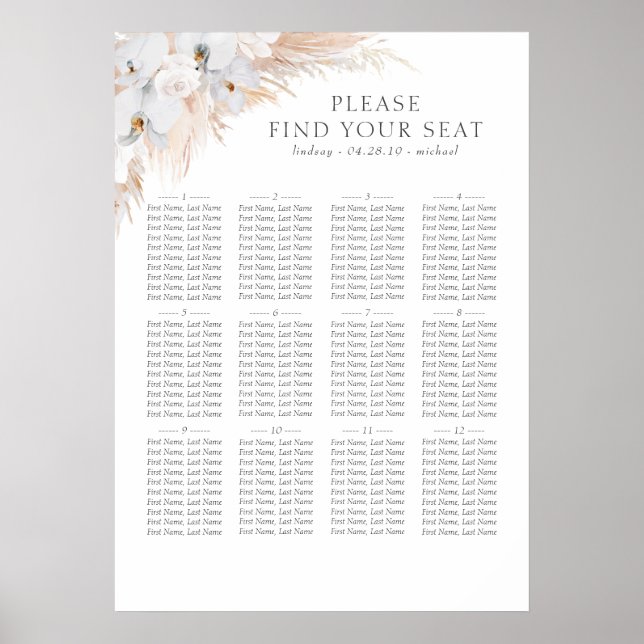 Pampas Grass White Orchids Wedding Seating Chart (Front)