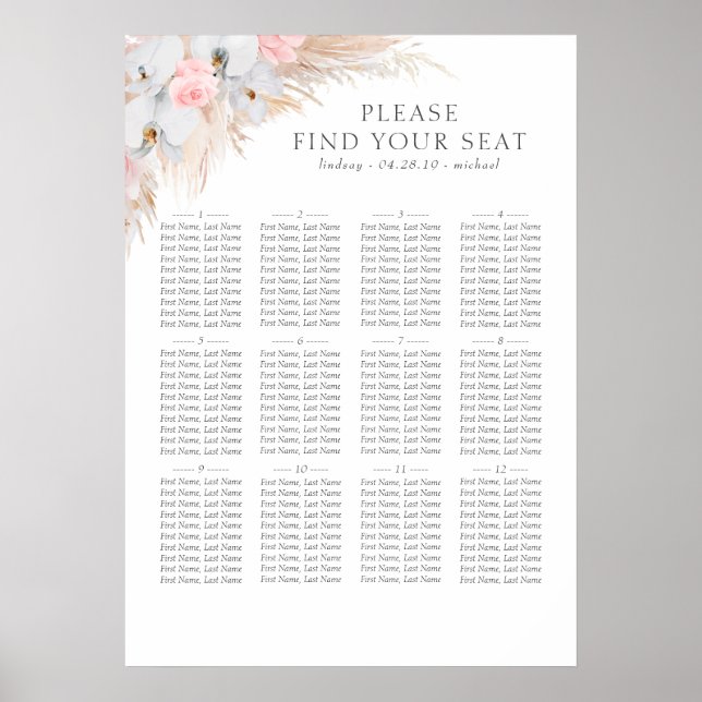 Pampas Grass White Orchids Wedding Seating Chart (Front)