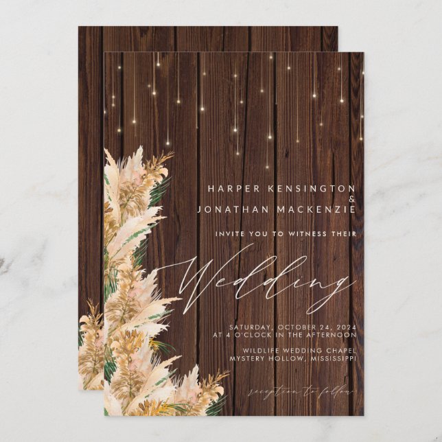 Pampas Grass Wood Twinkle Lights Boho Wedding Invitation (Front/Back)