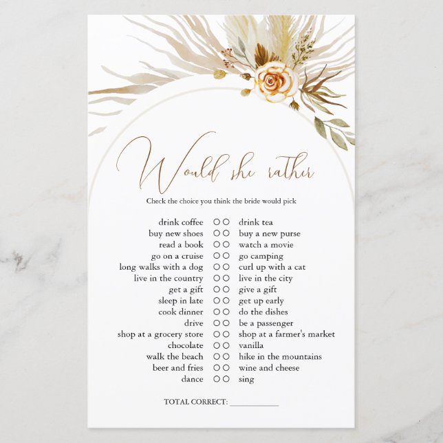 Pampas grass Would She Rather Bridal Shower Game (Front)