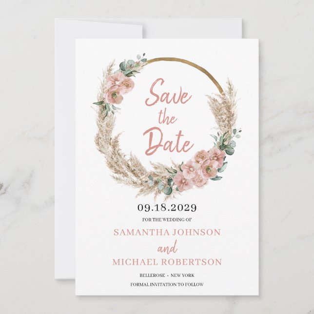 Pampas Grass Wreath Blush Rose Orchid Eucalyptus Save The Date (Front)