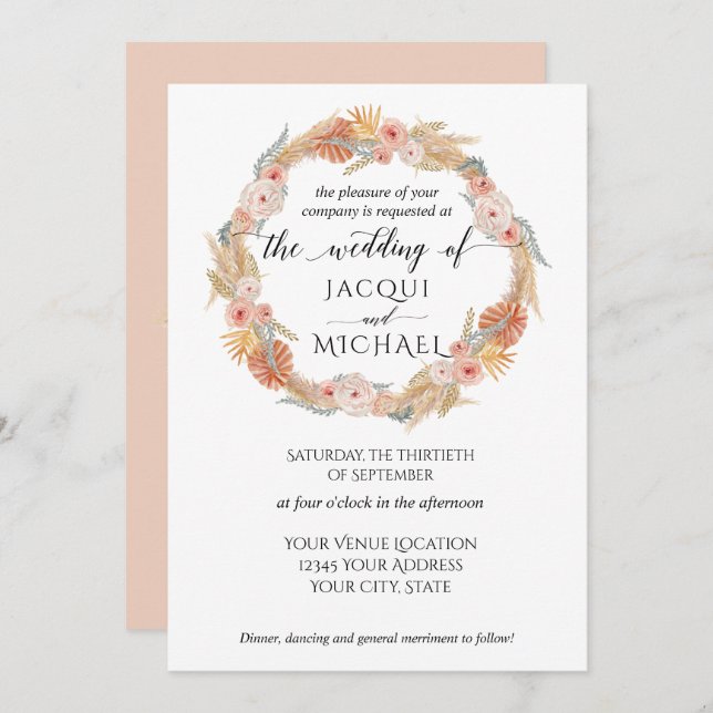 Pampas Grass Wreath Boho Tropical Pink Gold Floral Invitation (Front/Back)