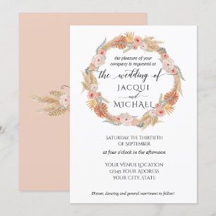 Pampas Grass Wreath Boho Tropical Pink Gold Floral Invitation