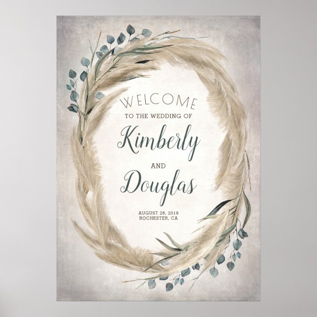 Pampas Grass Wreath Boho Wedding Welcome Sign (Front)