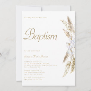 Pampas moderne Grass Blanc Or Baptême Invitation