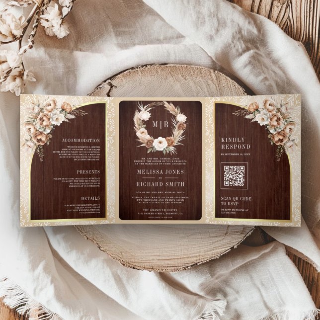 Pampas Neutral Beige Earthy Floral Wood Wedding Tri-Fold Invitation (Creator Uploaded)