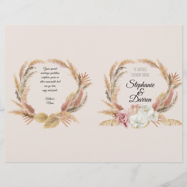 Pampas Palm Boho Floral Watercolor Wedding Program (Front)