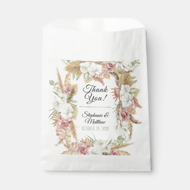 Pampas Palm Foliage White Blush Floral Rustic Boho Favour Bag (Front)