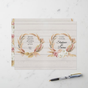 Pampas Palm Pink Floral White Wood Wedding Program