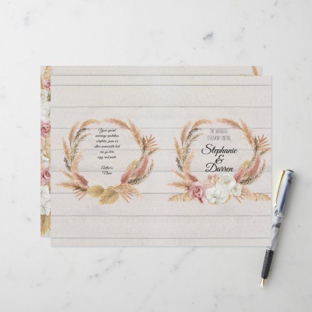 Pampas Palm Pink Floral White Wood Wedding Program (Front/Back In Situ)