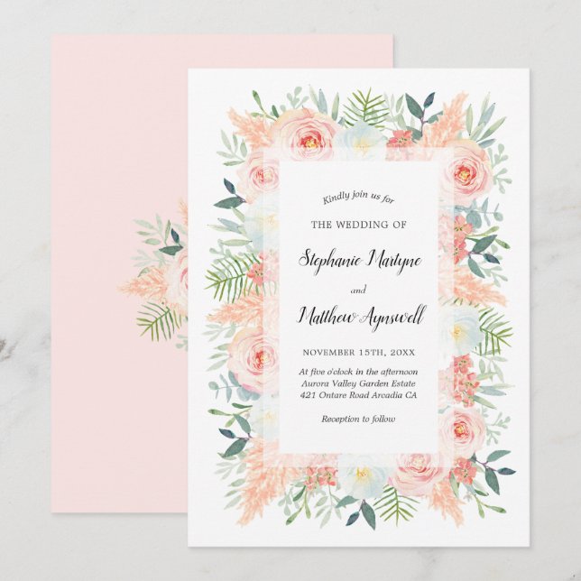 Pampas Pink Floral Watercolor Wedding Invitation (Front/Back)