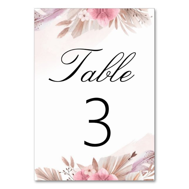 Pampas Rose and Champagne Boho Chic Wedding Table Number (Front)