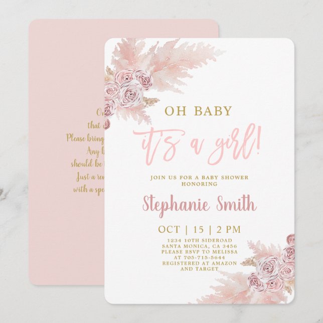 Pampas Rose Baby shower Grass Invitation fille (Devant / Derrière)