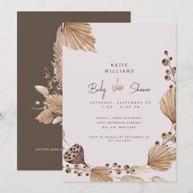 Pampas rose et Brown Baby shower Invitation (Devant / Derrière)