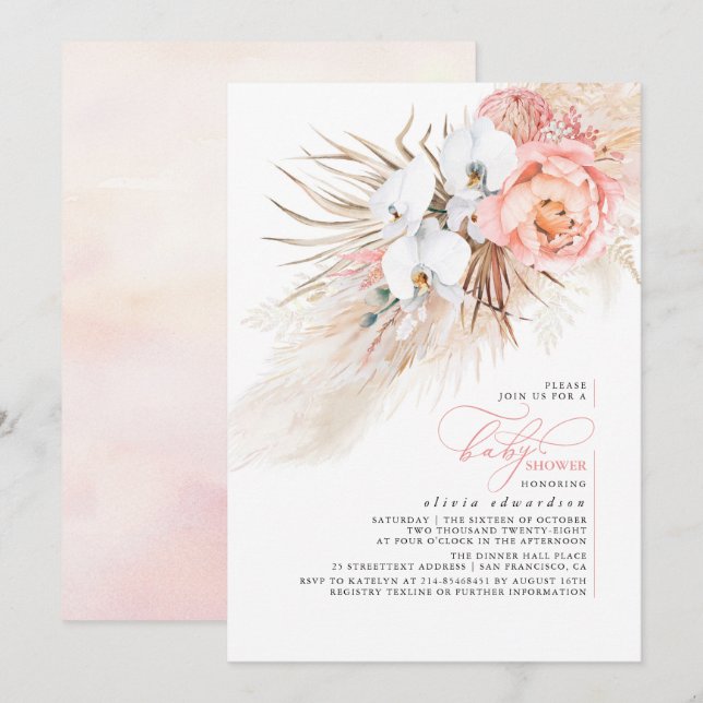 Pampas Rose Floral Baby shower Grass Invitation (Devant / Derrière)