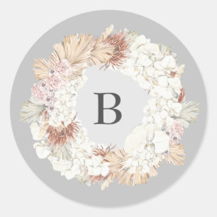 Pampas Ultimate Wreath Elegant Monogram Grey Classic Round Sticker