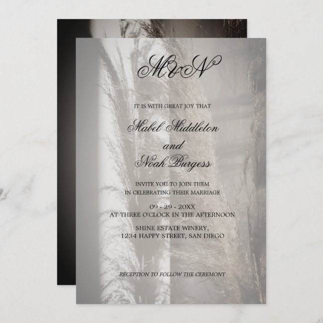 Pampas  Wedding Romantic Script Invitation (Front/Back)