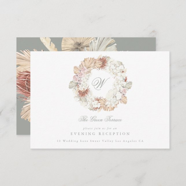 Pampas Wreath Moss Sage Green Monogram Elegant Enclosure Card (Front/Back)
