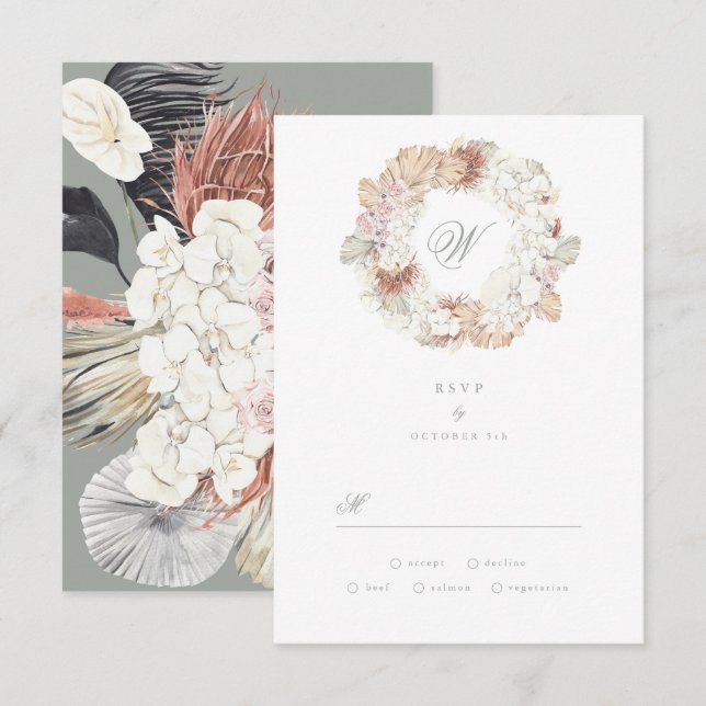 Pampas Wreath Moss Sage Green Monogram Elegant RSVP Card (Front/Back)