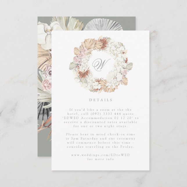 Pampas Wreath Moss Sage Green Monogram Elegant RSVP Card (Front/Back)