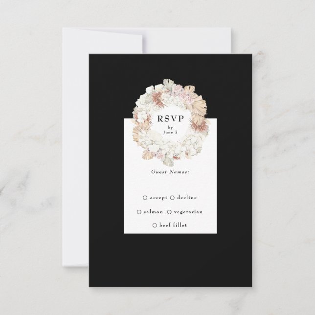 Pampas Wreath Onyx Black Premium Elegant Monogram RSVP Card (Front)