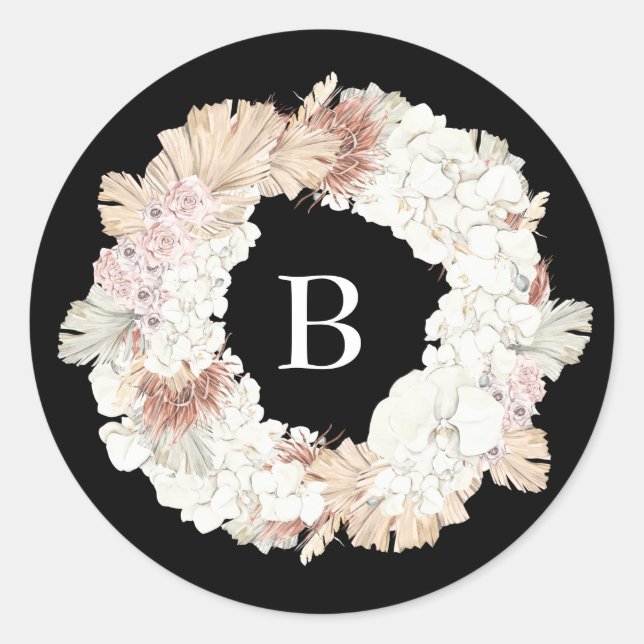 Pampas Wreath Pure Black Premium Elegant Monogram  Classic Round Sticker (Front)