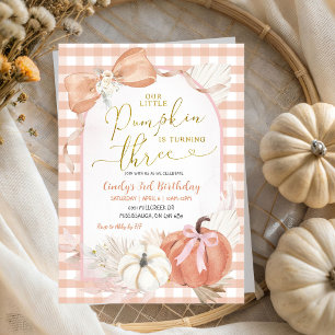 Pampass Gingham Pumpkin 3rd Birthday Invitation