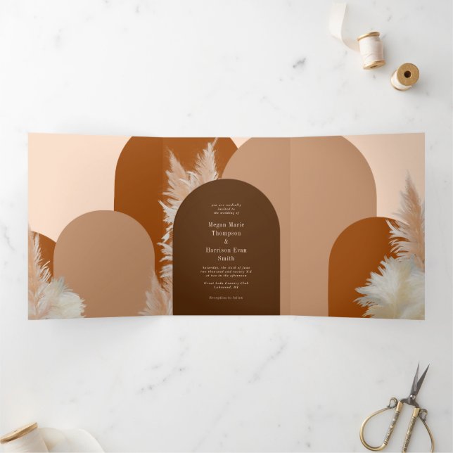 Pampass grass and Arches Wedding Design Dark Tri-Fold Holiday Card (Inside)