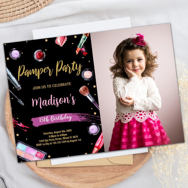 Pamper Pamper Pier Photo Rose Invitations Annivers (Pink Black Photo Pamper Party Birthday Invitations)